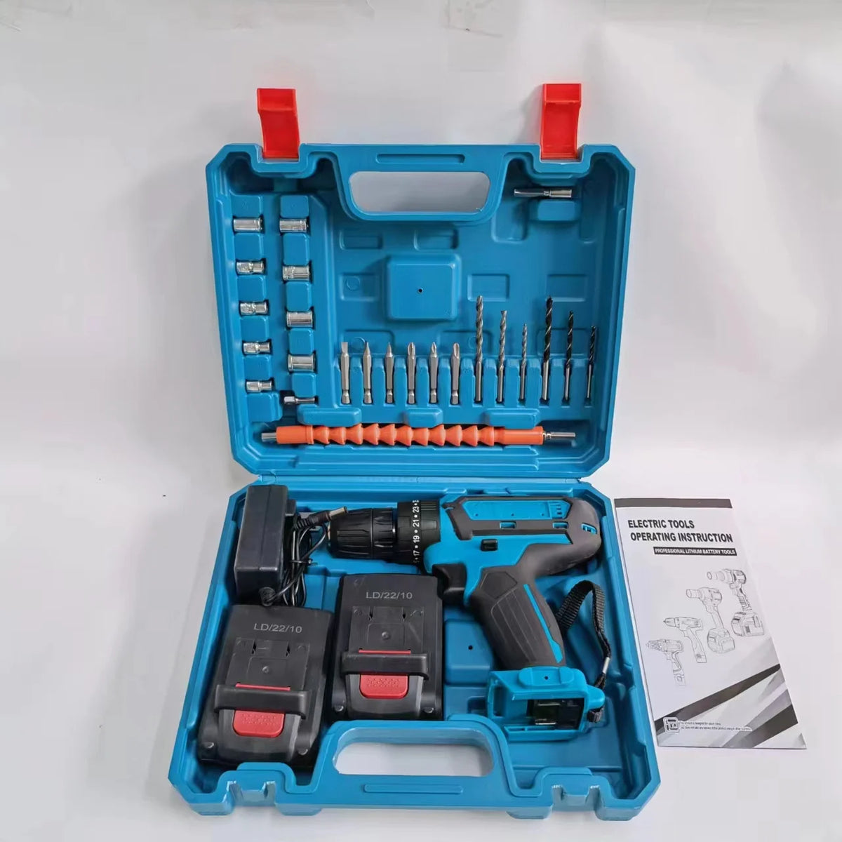 Kit de taladro inalámbrico CasaFix con accesorios y baterías en maletín azul