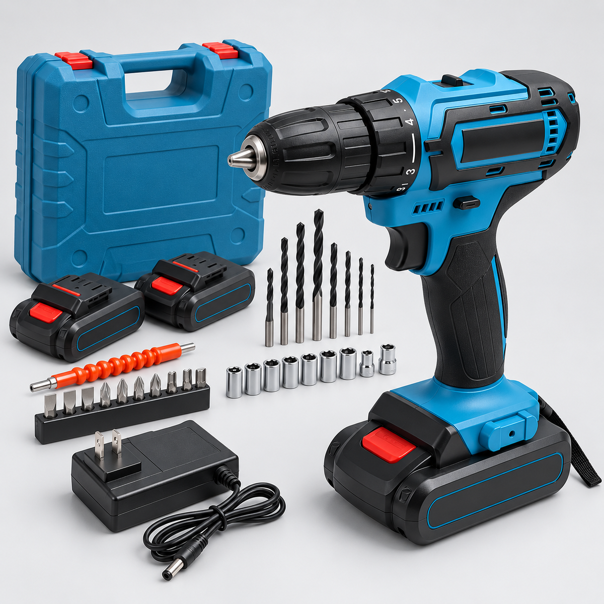 Kit de taladro inalámbrico CasaFix con accesorios, baterías y maletín azul.