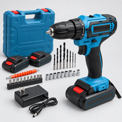 Kit de taladro inalámbrico CasaFix con accesorios, baterías y maletín azul.