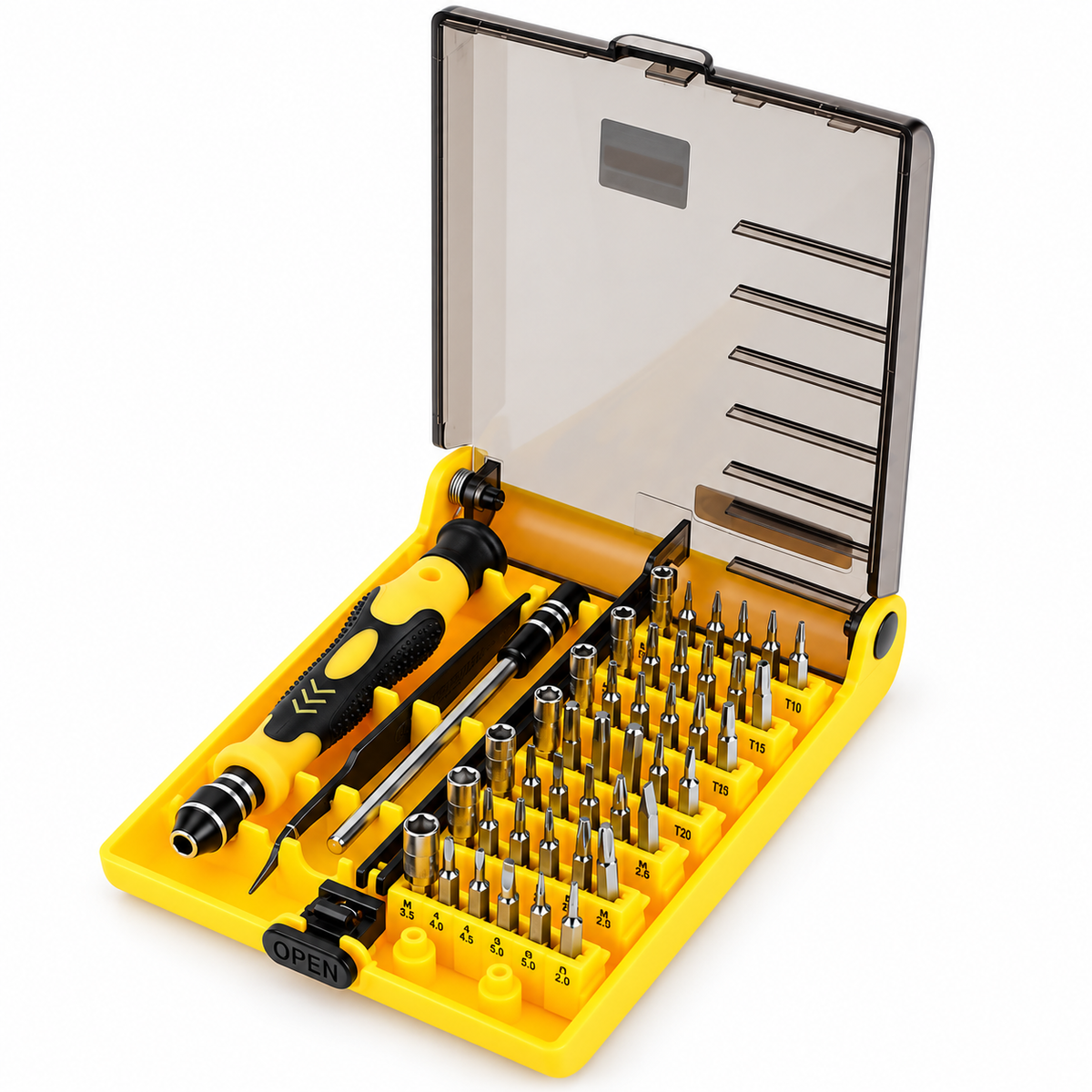 Kit de destornilladores CasaFix 45 en 1 en estuche amarillo con puntas intercambiables