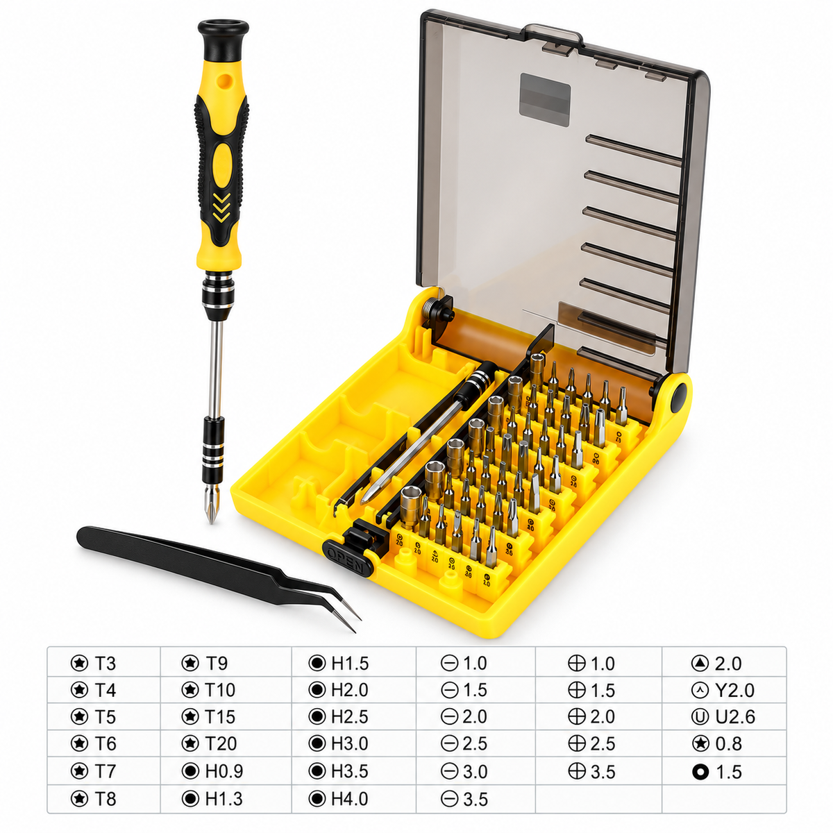 Kit de destornilladores CasaFix 45 en 1 con estuche amarillo, puntas variadas y pinzas.