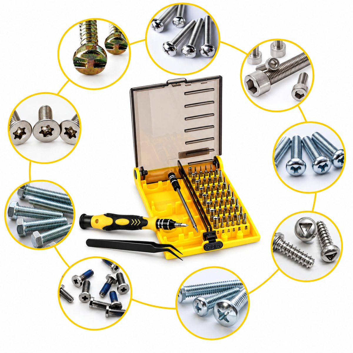 Kit de destornilladores CasaFix 45 en 1 con diversas puntas y tornillos metálicos.