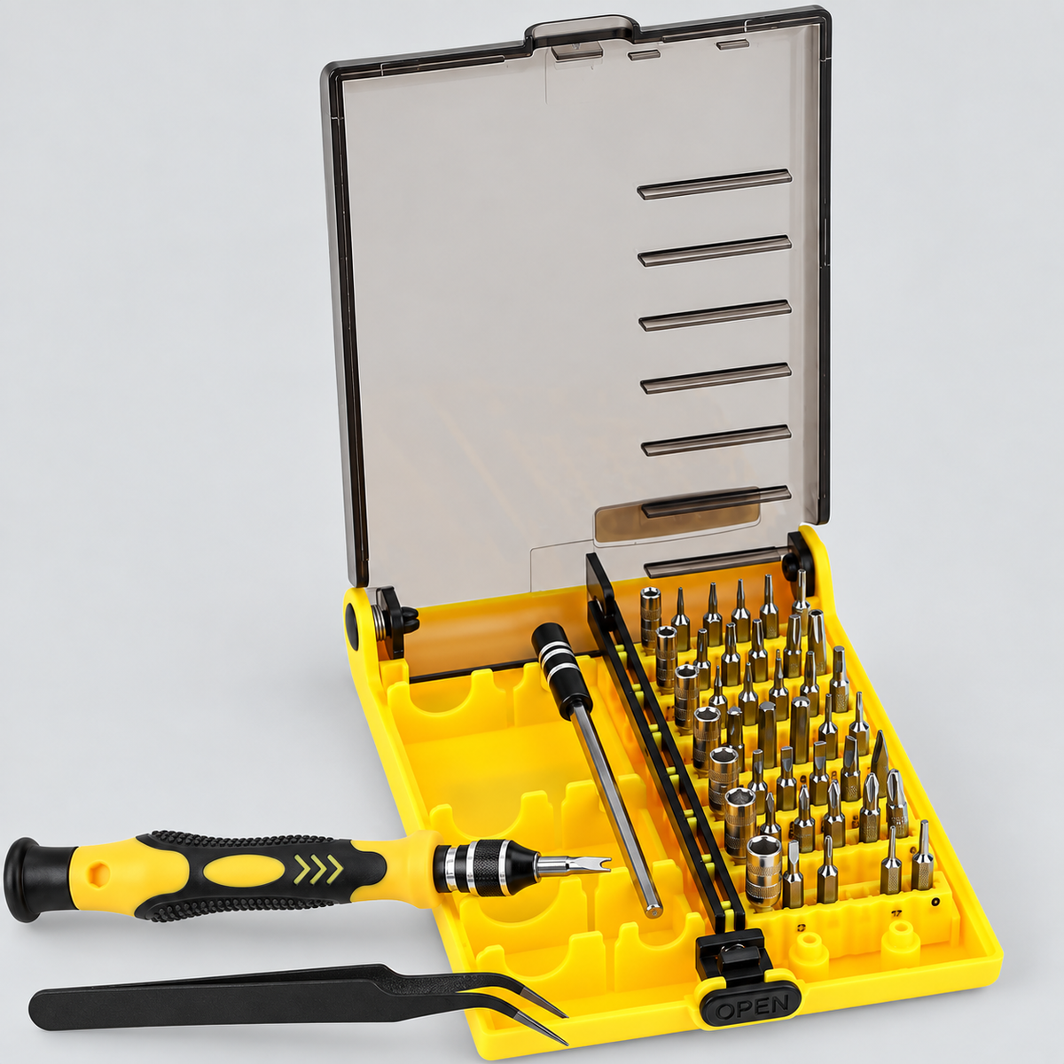 Kit de destornilladores CasaFix 45 en 1 con estuche amarillo y diversas puntas metálicas