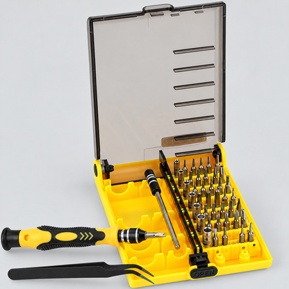 Kit de destornilladores CasaFix 45 en 1 con estuche amarillo y diversas puntas metálicas
